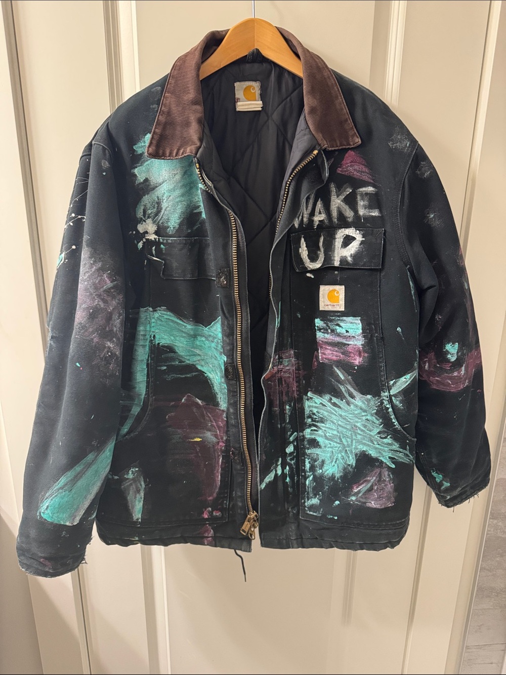 Carhartt Black Canvas Jacket with Teal & Purple Paint Accents